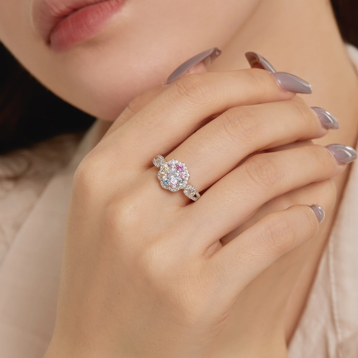 [Rose Tomorrow]Delicate Colorful Round Cut Flower Shape Wedding Ring