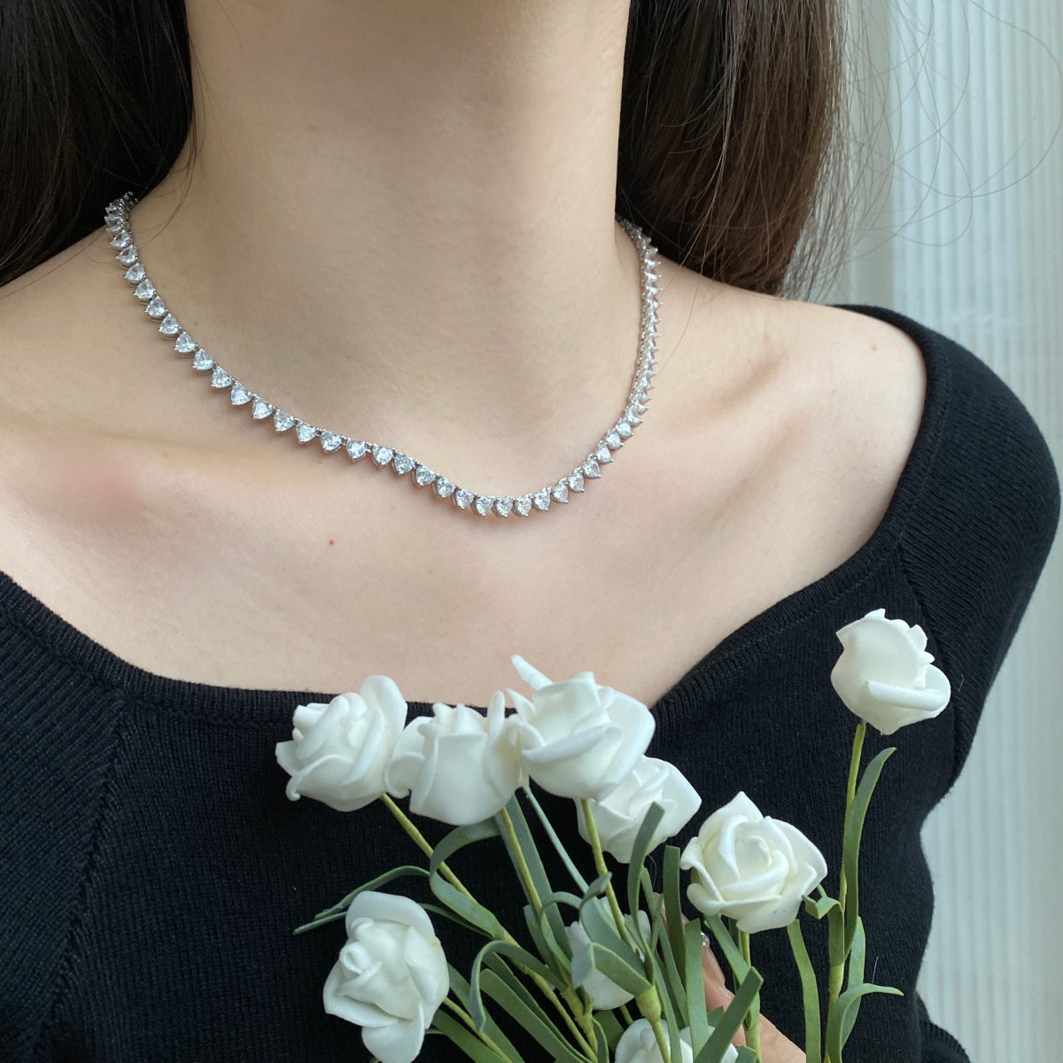 [Rose Tomorrow]Ornate Heart Cut Tennis Necklace