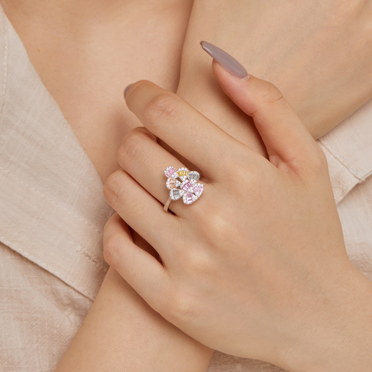 [Rose Tomorrow]Sparkling Colorful Water Drop Shape Daily Ring