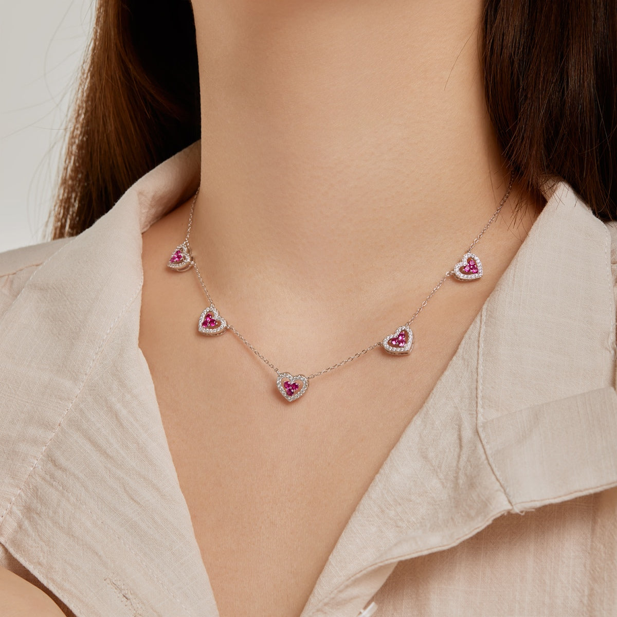 [Rose Tomorrow]Sparkling Five Heart Necklace