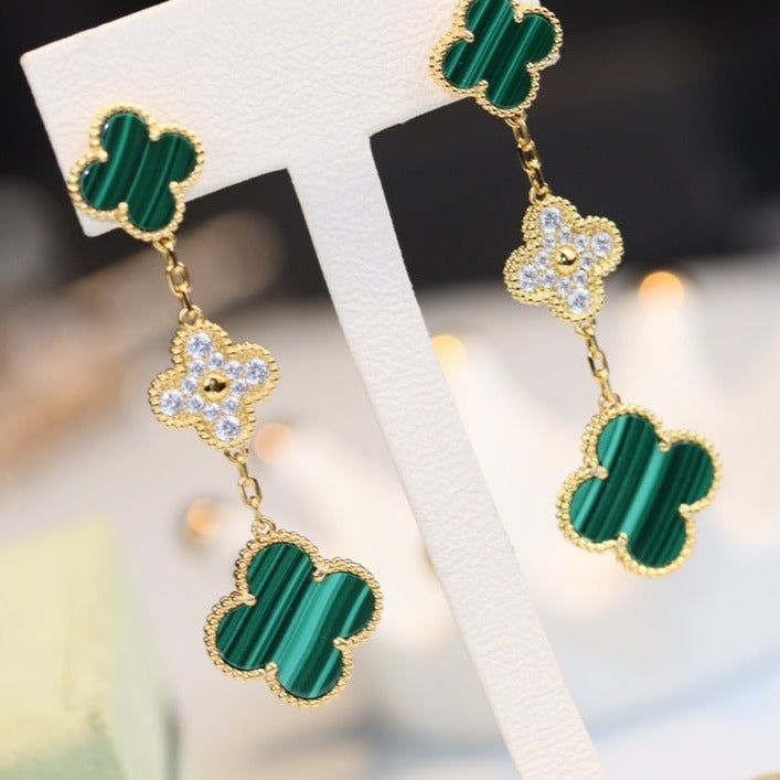 [Rose Tomorrow]CLOVER EARRINGS GOLD MALACHITE DIAMOND 3 MOTIF