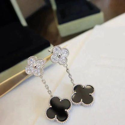 [Rose Tomorrow]CLOVER 2 MOTIFS  DIAMOND ONYX EARRINGS SILVER