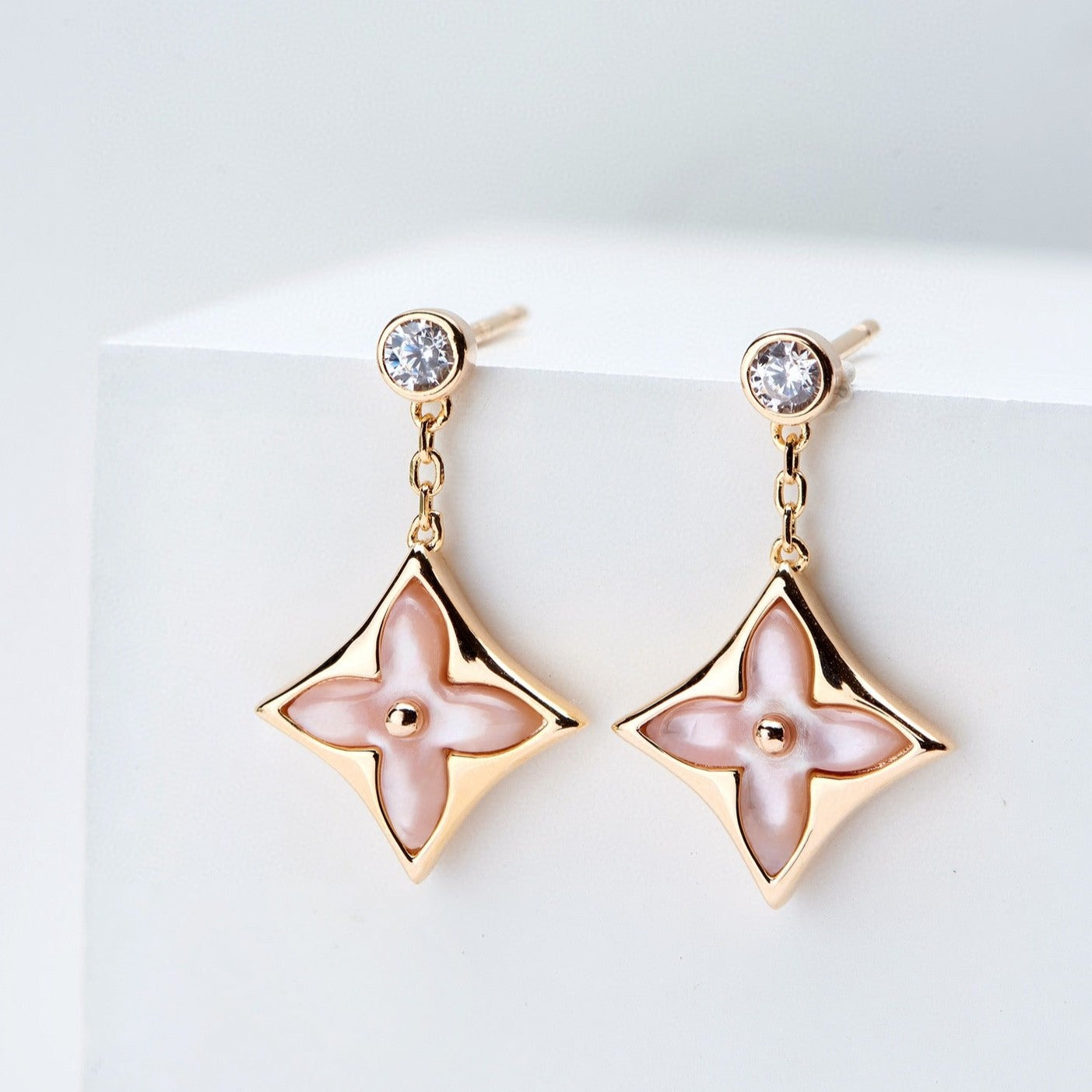 [Rose Tomorrow]DOUBLE STAR PINK GOLD MOP DROP EARRINGS