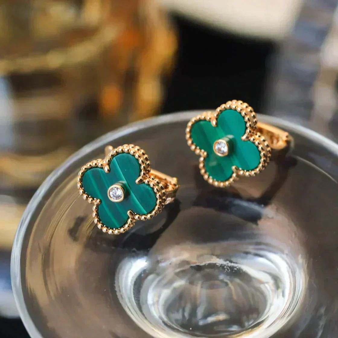 [Rose Tomorrow]CLOVER MEDIUM 1 MOTIFS MALACHITE DIAMOND EARRINGS