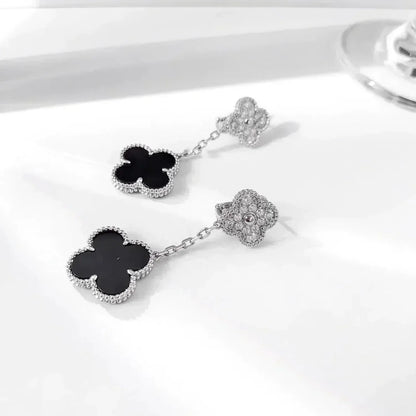 [Rose Tomorrow]CLOVER 2 MOTIFS  DIAMOND ONYX EARRINGS SILVER