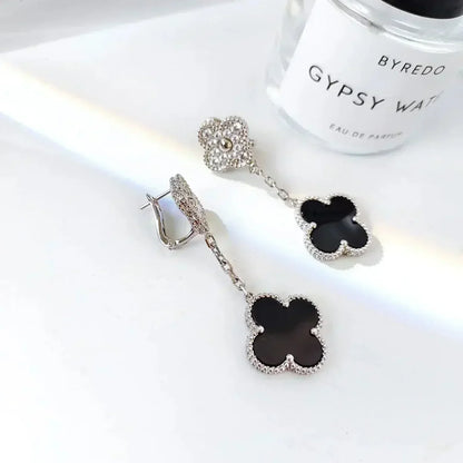 [Rose Tomorrow]CLOVER 2 MOTIFS  DIAMOND ONYX EARRINGS SILVER