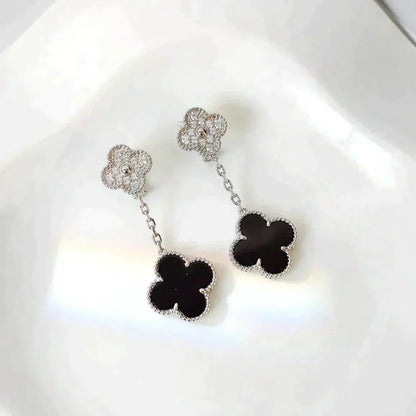 [Rose Tomorrow]CLOVER 2 MOTIFS  DIAMOND ONYX EARRINGS SILVER