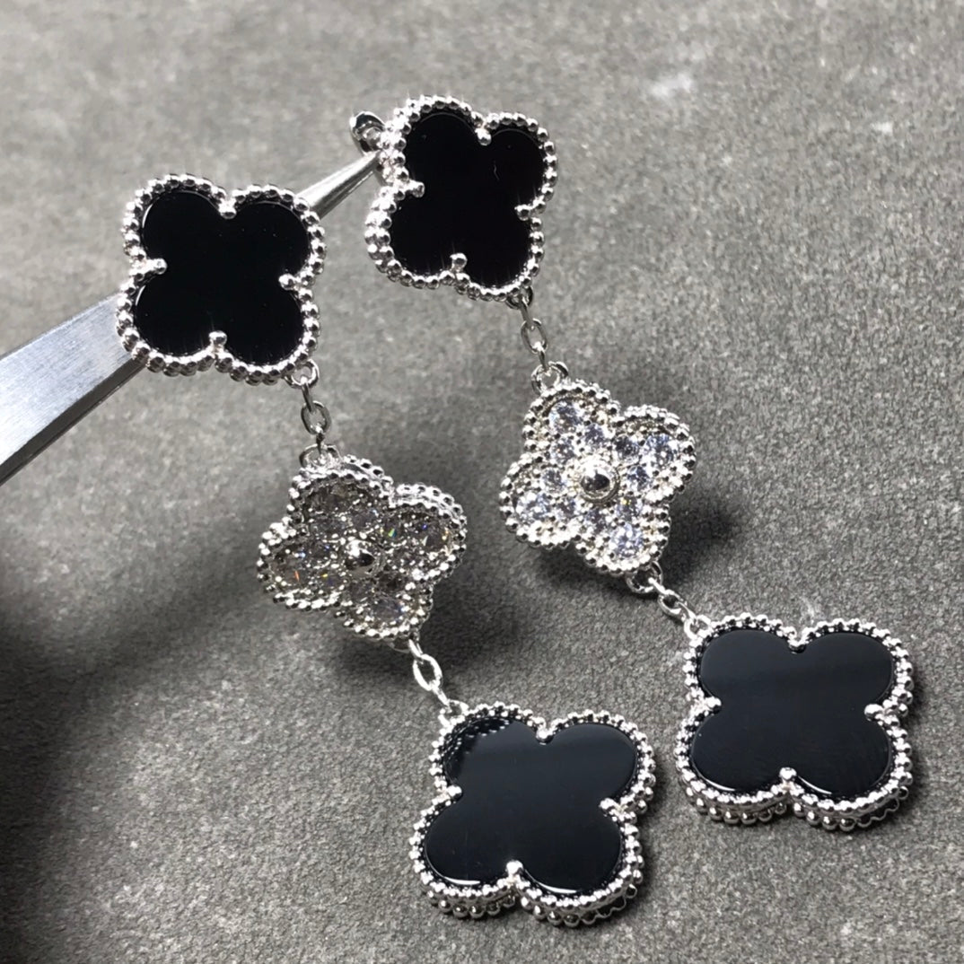 [Rose Tomorrow]CLOVER 3 MOTIF DIAMOND ONYX SILVER EARRINGS