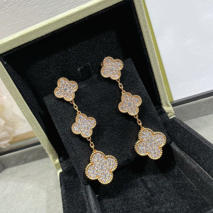 CLOVER 3 MOTIFS DIAMOND PAVED ROSE GOLD EARRINGS