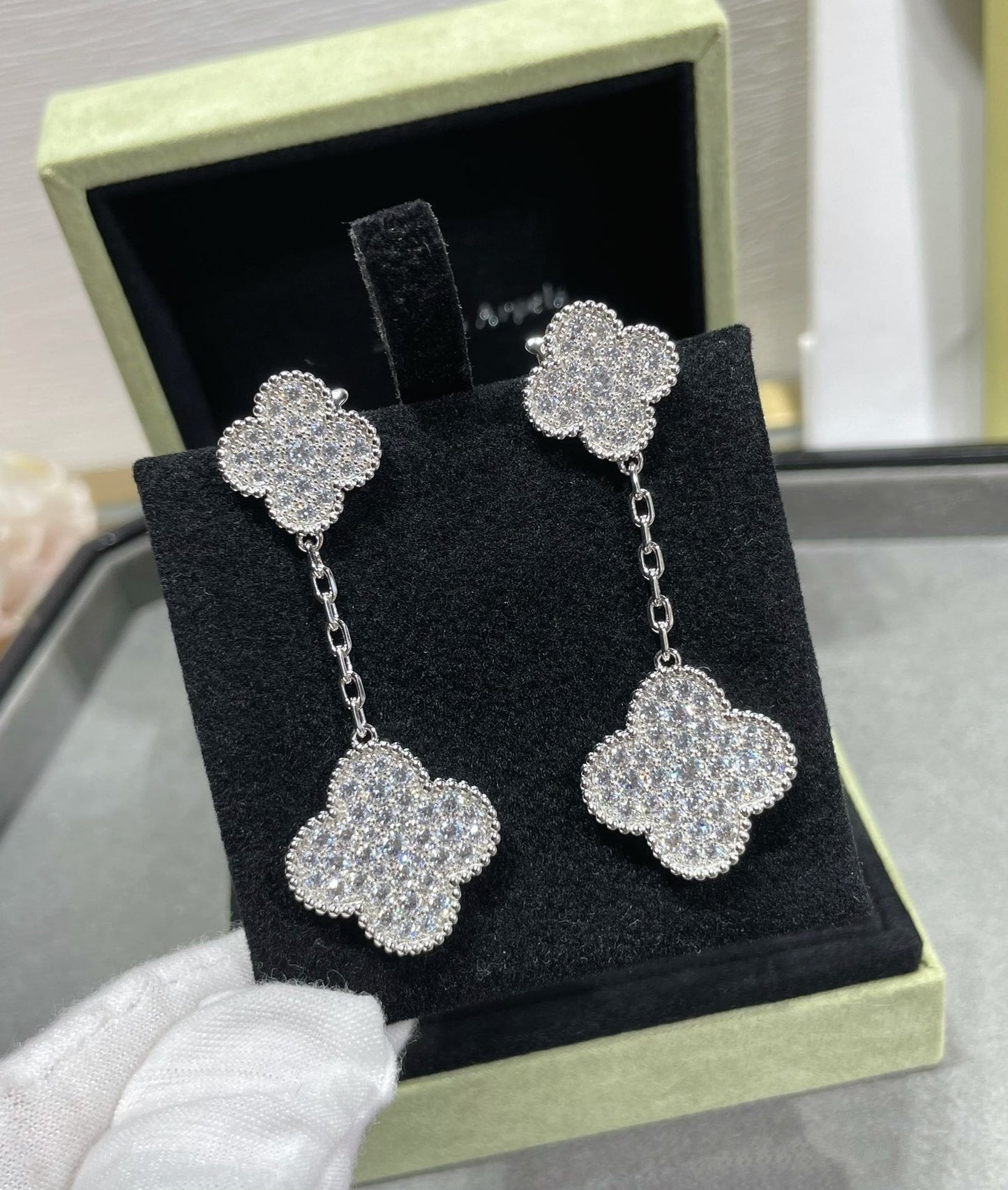 [Rose Tomorrow]CLOVER 2 MOTIFS DIAMOND PAVED SILVER EARRINGS