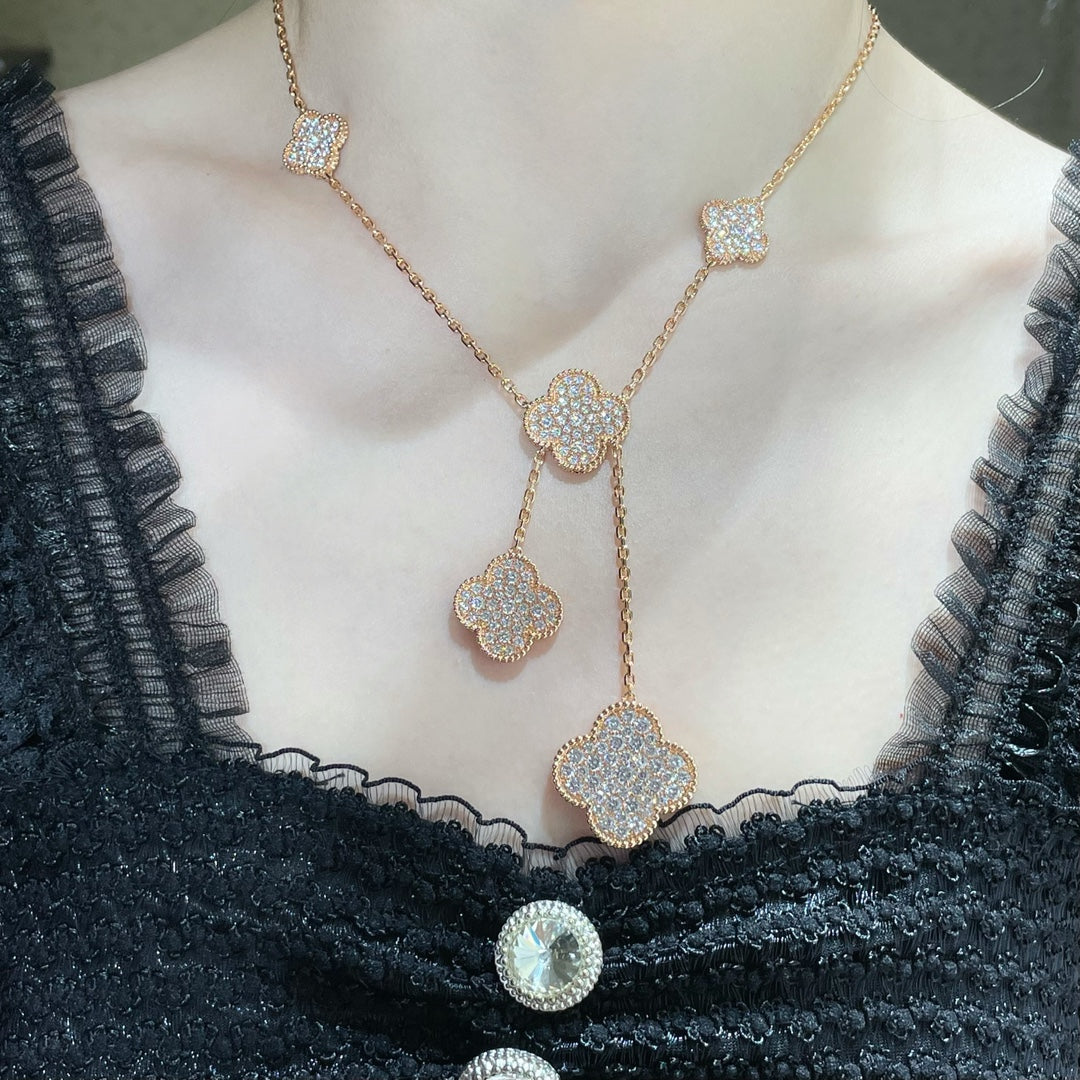 [Rose Tomorrow]CLOVER 6 MOTIF DIAMOND PAVED NECKLACE