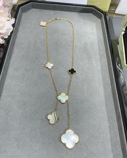 [Rose Tomorrow]CLOVER 6 MOTIF MOP ONYX GOLD NECKLACE