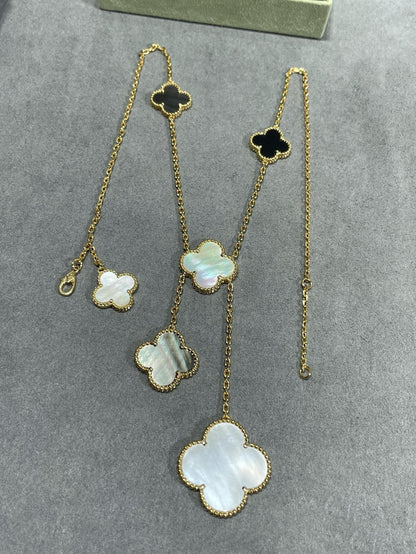 [Rose Tomorrow]CLOVER 6 MOTIF MOP ONYX GOLD NECKLACE