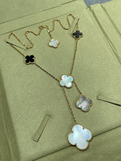 [Rose Tomorrow]CLOVER 6 MOTIF MOP ONYX GOLD NECKLACE