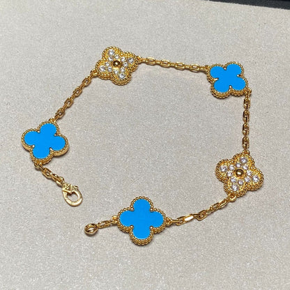 [Rose Tomorrow]CLOVER 5 MOTIF BLUE CHALCEDONY DIAMOND GOLD BRACELET