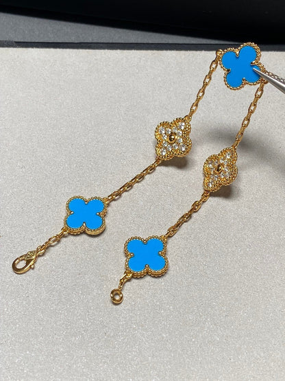 [Rose Tomorrow]CLOVER 5 MOTIF BLUE CHALCEDONY DIAMOND GOLD BRACELET