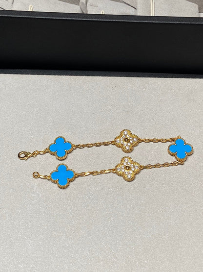 [Rose Tomorrow]CLOVER 5 MOTIF BLUE CHALCEDONY DIAMOND GOLD BRACELET