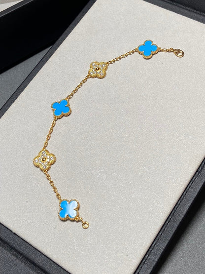 [Rose Tomorrow]CLOVER 5 MOTIF BLUE CHALCEDONY DIAMOND GOLD BRACELET