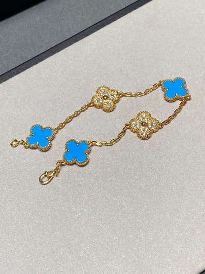 [Rose Tomorrow]CLOVER 5 MOTIF BLUE CHALCEDONY DIAMOND GOLD BRACELET