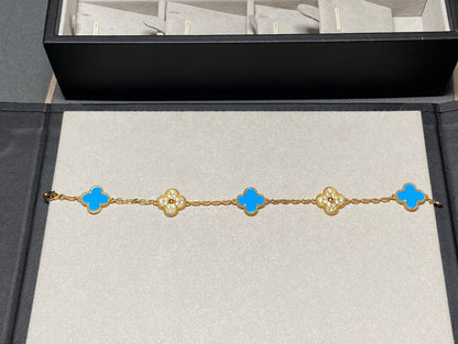 [Rose Tomorrow]CLOVER 5 MOTIF BLUE CHALCEDONY DIAMOND GOLD BRACELET