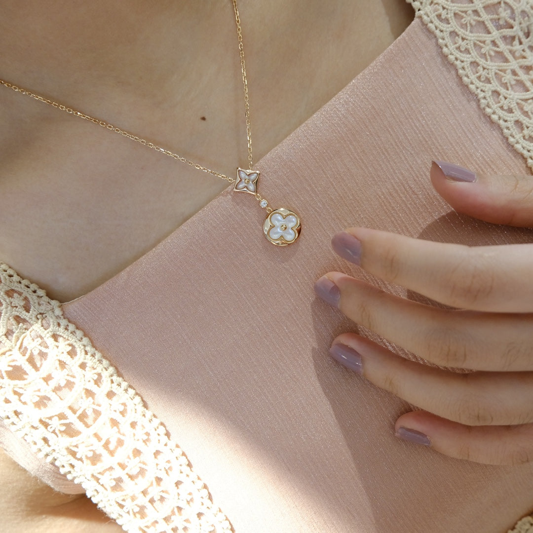 [Rose Tomorrow]STAR AND SUN WHITE MOP 2 MOTIF PINK GOLD NECKLACE