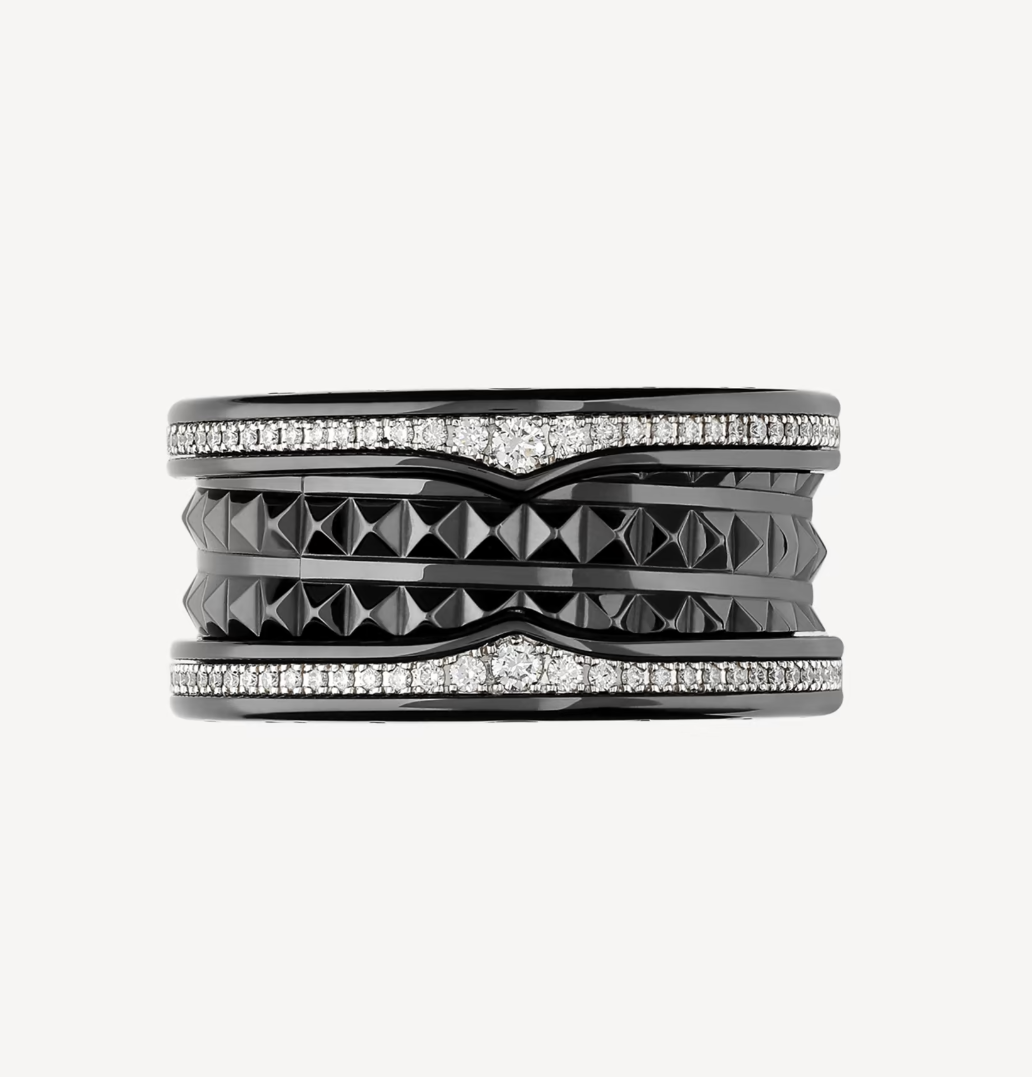 [Rose Tomorrow]ZERO 1 ROCK FOUR-BAND BLACK CERAMIC WITH STUDDED SPIRAL AND PAVED DIAMONDS RING