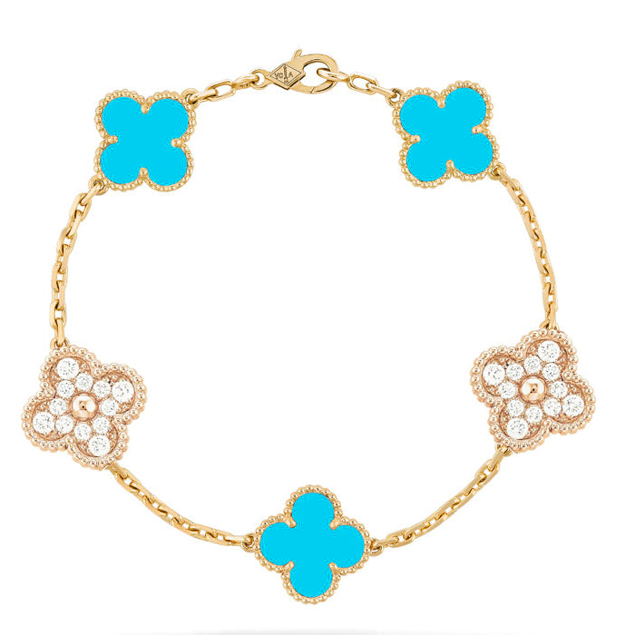 [Rose Tomorrow]CLOVER 5 MOTIF TURQUOISE DIAMOND GOLD BRACELET