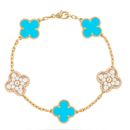 [Rose Tomorrow]CLOVER 5 MOTIF TURQUOISE DIAMOND GOLD BRACELET