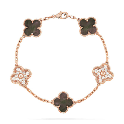 [Rose Tomorrow]CLOVER 5 MOTIFS DARK MOP AND DIAMONDS PINK GOLD BRACELET