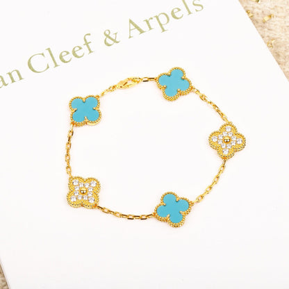 [Rose Tomorrow]CLOVER 5 MOTIF TURQUOISE DIAMOND GOLD BRACELET