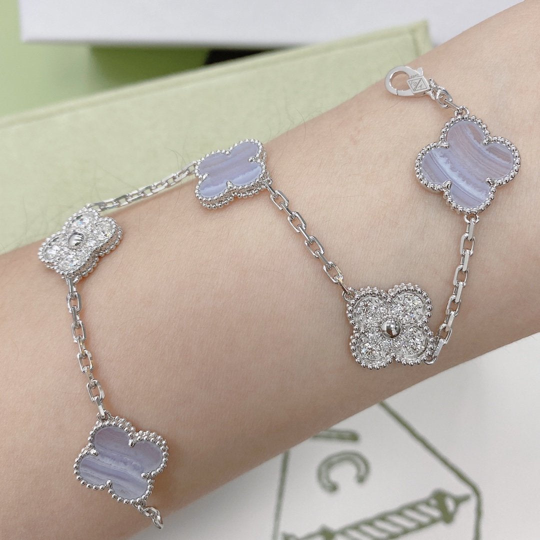 [Rose Tomorrow]CLOVER  5 MOTIF DIAMOND PURPLE CHALCEDONY BRACELET SILVER