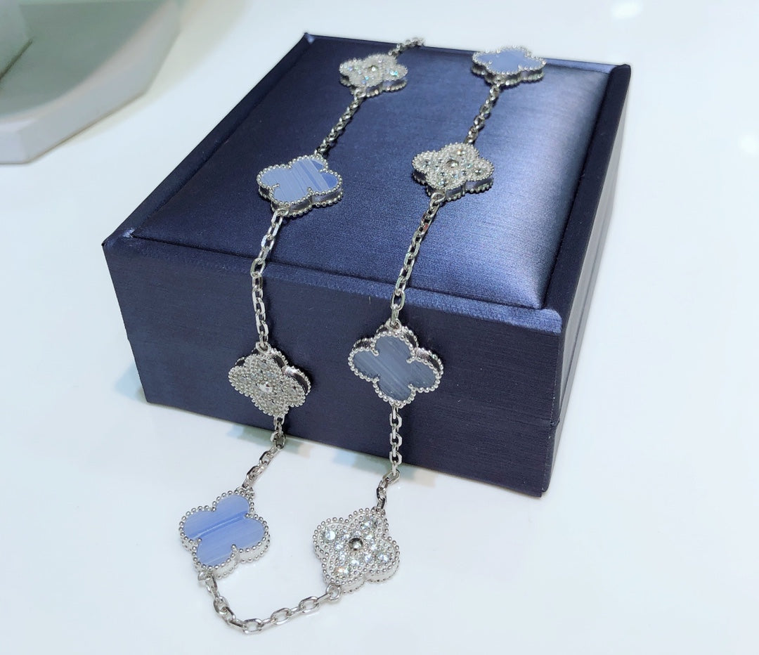 [Rose Tomorrow]CLOVER 10 MOTIFS CHALCEDONY DIAMONDS SILVER NECKLACE