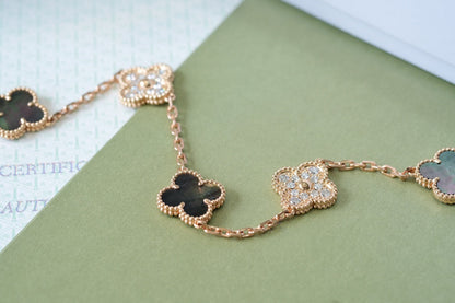 [Rose Tomorrow]CLOVER 5 MOTIFS DARK MOP AND DIAMONDS PINK GOLD BRACELET