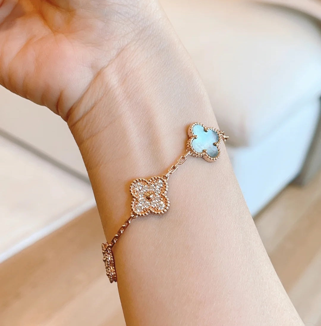 [Rose Tomorrow]CLOVER 5 MOTIFS DARK MOP AND DIAMONDS PINK GOLD BRACELET